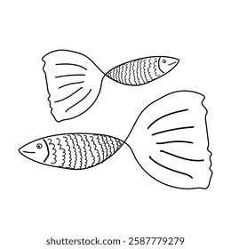 Black-and-white outline drawing of two fish with large fins and scales, ideal for a fun and creative coloring activity.