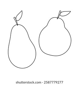 Black-and-white outline drawing of two pears with leaves, perfect for a fun and educational coloring activity.