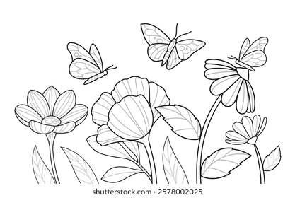 Black-and-white outline of flowers and butterflies in a decorative style. Simple elements on a plain background. Concept of nature and tranquility. Vector illustration