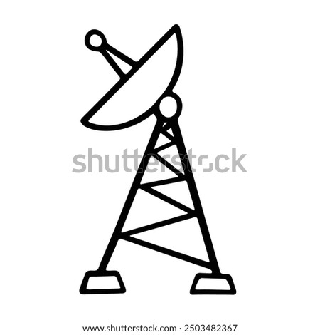 Black-and-white outline of a satellite dish communication tower, representing modern technology and wireless communication.