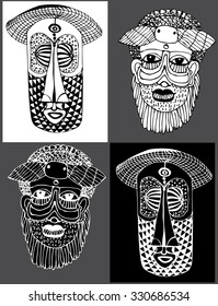 black-and-white pattern with African masks
