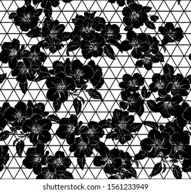 Black-and-white pattern with Apple flowers and rhombuses. Geometric and floral ornament in graphic vector.