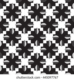 Black-and-white pattern of leaves. Seamless pattern. Monochrome image. Chess order. Geometric grating.