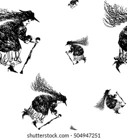 black-and-white pattern with the old witch, halloween