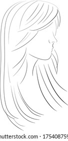 Black-and-white portrait of a girl in profile hand-drawn. Hairstyle, haircut.