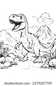 Black-and-white printable coloring page featuring a cheerful cartoon T-Rex dinosaur in a prehistoric landscape with erupting volcanoes, lush vegetation, and rocky terrain.