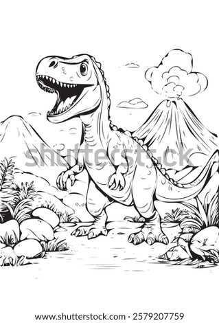 Black-and-white printable coloring page featuring a cheerful cartoon T-Rex dinosaur in a prehistoric landscape with erupting volcanoes, lush vegetation, and rocky terrain.