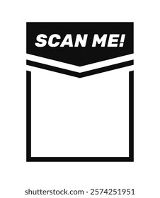 Black-and-white QR code placeholder with Scan Me text on top. Minimalist design with bold text and geometric shapes on a white background. Vector illustration