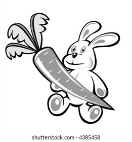 The black-and-white rabbit with carrot on a white background.