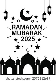 Black-and-white Ramadan Mubarak poster featuring mosque silhouette, crescent moon, stars, and hanging lanterns. Perfect for Islamic festivities.