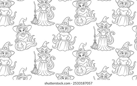 Black-and-white repeating pattern of witches in flowing dresses and hats, holding brooms and pumpkins, for Halloween decorations, fabric prints, childrens crafts.