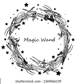 The black-and-white ring consisting of magic wands on a white background