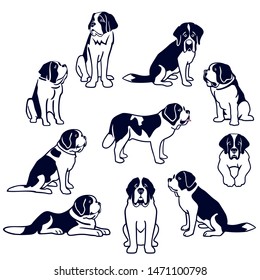 Black-and-white Saint Bernard dogs set isolated on white background. Simplified silhouettes of Saint Bernard dogs. Vector illustration.