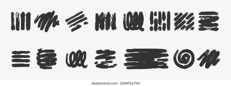 Black-and-white scribbles, strokes in the form of stripes, springs, blots, waves, dots of a handmain figure. Children's pencil or marker hand scratches. Vector illustration of dice design, wavy lines 