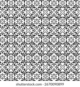 A black-and-white seamless geometric and floral pattern featuring repeating four-petal flower and star shapes.
