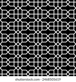 Black-and-white seamless geometric pattern with Arabesque lines. Versatile design for various creative projects, suitable for decoration, fabrics, textiles, backdrops, wallpapers, etc.