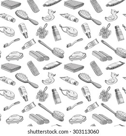 Black-and-white seamless  pattern with accessories for a bathroom drawn by hand. Background in vector.