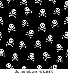 black-and-white seamless pattern with cartoon skull and cross-bones