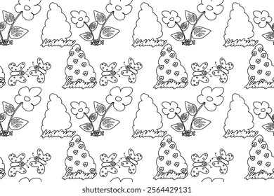 Black-and-white seamless pattern depicting flowers, butterflies, and bushes. Ideal for children s coloring activities or nature-themed crafts.