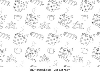 Black-and-white seamless pattern designed as a coloring page featuring Christmas mugs, cinnamon sticks, holly leaves, and marshmallows.