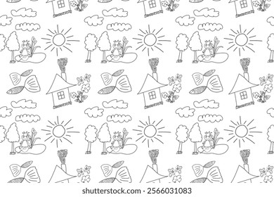 Black-and-white seamless pattern featuring a house, trees, a frog prince near a pond, fish, and sun for coloring.