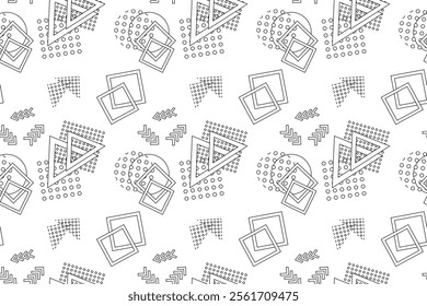 Black-and-white seamless pattern with geometric shapes, including triangles, squares, arrows, and circles. Designed for children s coloring pages or abstract-themed designs.