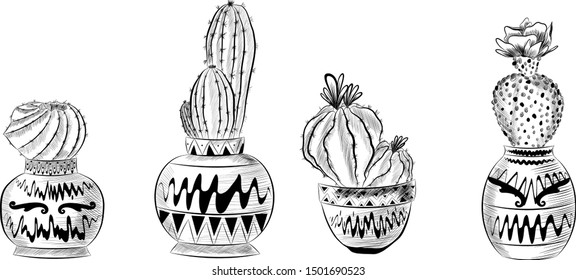 black-and-white set of cactus for coloring
