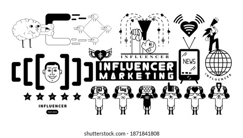 A black-and-white set of social influencer symbols and signs.