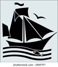 black-and-white ship in retro style