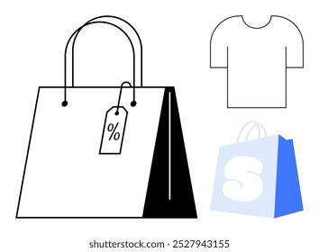 Black-and-white shopping bag with discount tag, blue bag with letter S, and T-shirt. Ideal for retail promotions, discount sales, online shopping, clothing stores, and e-commerce websites. Simple