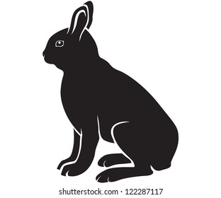 Black-and-white silhouette of a cute sitting hare