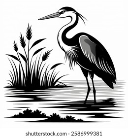 "Black-and-white silhouette of a heron standing in shallow water."