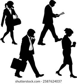 black-and-white silhouette illustration of  business professionals walking in different directions