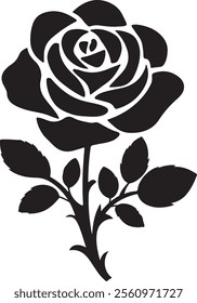 A black-and-white silhouette illustration of a rose flower with detailed petals, leaves, and thorns on its stem.