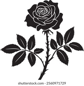 A black-and-white silhouette illustration of a rose flower with detailed petals, leaves, and thorns on its stem.