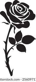 A black-and-white silhouette illustration of a rose flower with detailed petals, leaves, and thorns on its stem.