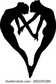 black-and-white silhouette image of the figures of sportswomen, gymnastics, exercises with objects-a ball and a ribbon