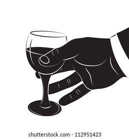 A black-and-white silhouette  of the man's hand holds a wine-glass with alcoholic drink. Vector. eps 8