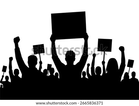 A black-and-white silhouette of a protesting crowd, with people holding up signs and fists in the air, symbolizing social unrest and activism.