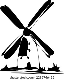 A black-and-white silhouette of a windmill