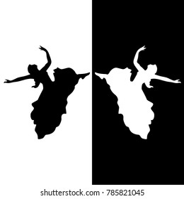 Black-and-White silhouette of a woman who dances. Flat design, vector.