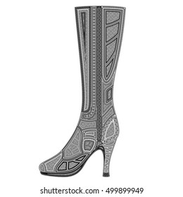 black-and-white silhouette of women's high-heeled boot, with patterns, on a white background