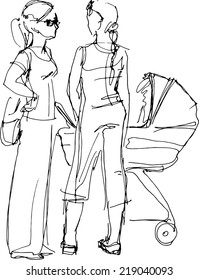 black-and-white sketch of a young mother with a pram and a girlfriend 