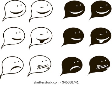 Black-and-white sketches of icons for dialog boxes, question. Abstract emotional beings: happy, sad, winks, shows tongue, blinking, mouth taped. Object on white, design element
