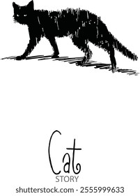 Black-and-white sketchy line cat poster design featuring a cat walking while warily looking sideways.