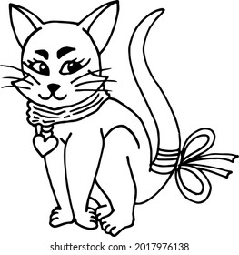 Black-and-white sly cat. Vector image. Coloring book.