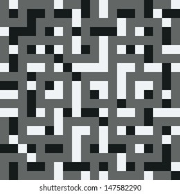 Black-and-white structural vector, 8-bit. Seamless pattern in the style of the first computer games.