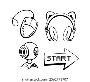 Black-and-white tech icons, including a computer mouse, headphones with cat ears, a webcam, and a pixelated Start arrow. Minimalist and modern design. Set of isolated vector illustrations