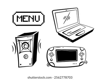 Black-and-white tech icons, including a speaker, laptop, handheld console, and pixelated Menu text. Minimalist and retro-inspired design. Set of flat vector illustrations isolated on white