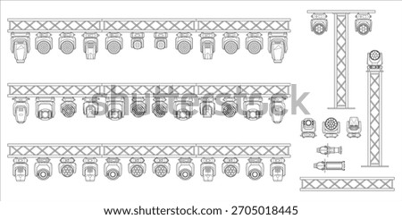 Black-and-white technical drawing of stage truss structures with multiple moving heads, spotlights and LED fixtures. Detailed top-view layout for stage lighting design and professional rigging setups.
